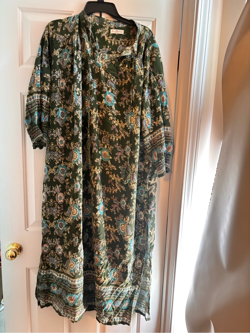 NATURAL LIFE Olive Green Floral Maxi Dress with Teal Accents